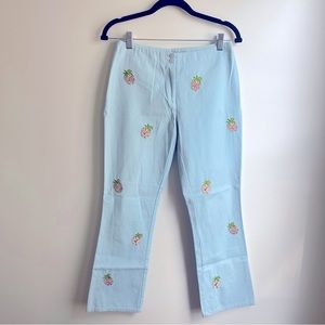 NWOT CJ Laing Light Blue Cotton Pants Trousers Fruit Embroidered Beach Summer 2